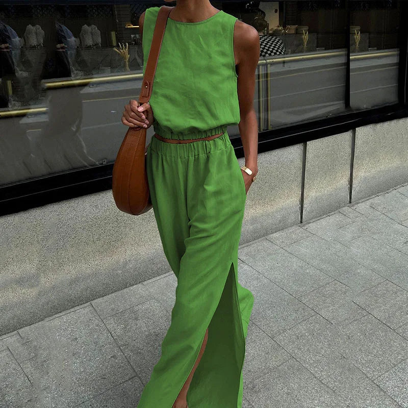 Linen Suit O-neck 2Pc Set