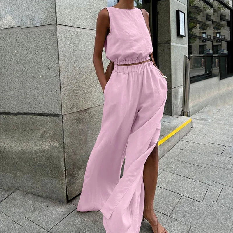Linen Suit O-neck 2Pc Set