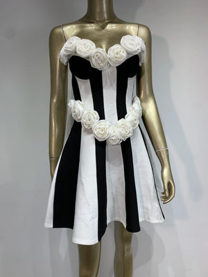 Strapless Black White Flower  Dress