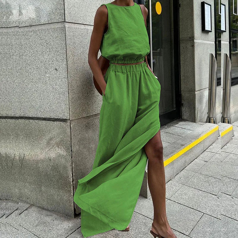 Linen Suit O-neck 2Pc Set