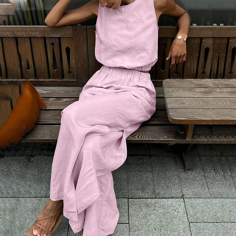 Linen Suit O-neck 2Pc Set