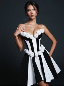 Strapless Black White Flower  Dress