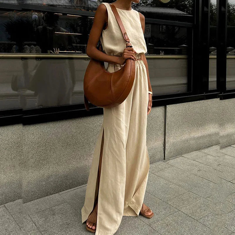 Linen Suit O-neck 2Pc Set